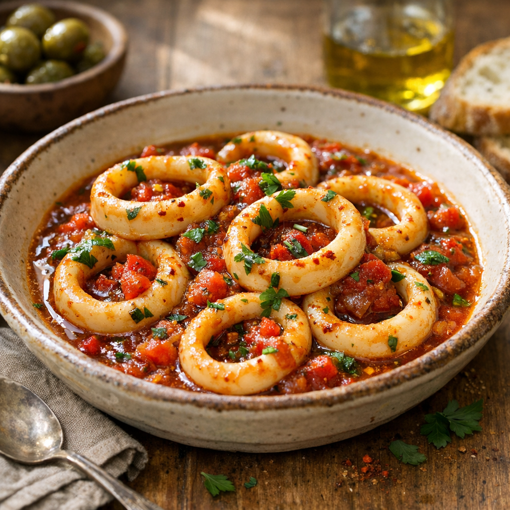 Voici la Recette des Anneaux d’encornet à la basquaise