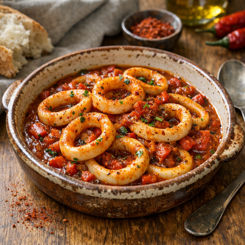 Les Anneaux d’encornets se cuisinent à la basque : tomate et cuisson