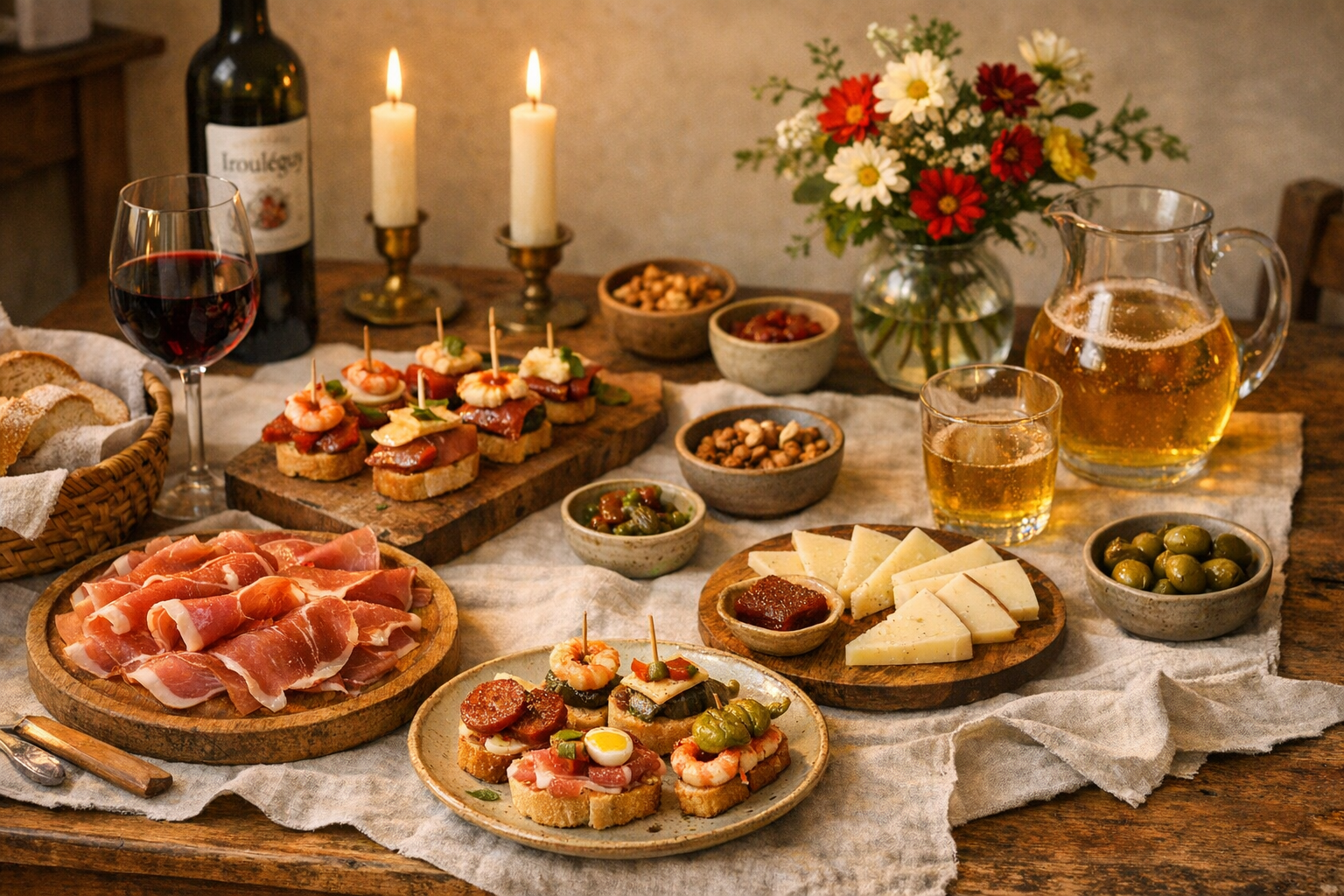 Apéritif basque : pintxos, jambon, vin de pays