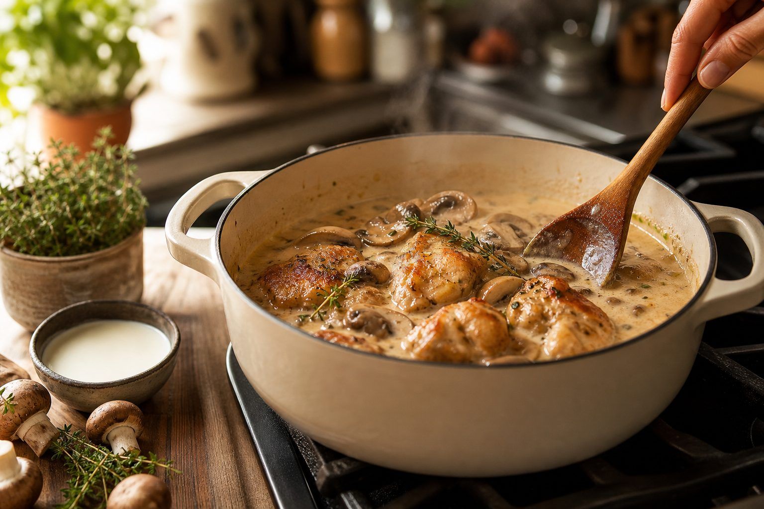 Préparation du chapon à la crème en cocotte