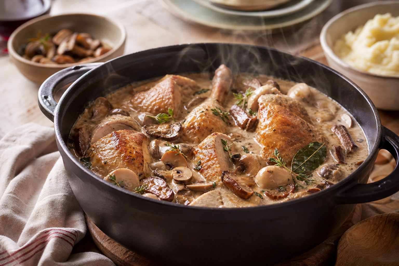 Le chapon en morceaux à la crème et aux champignons mijote en cocotte