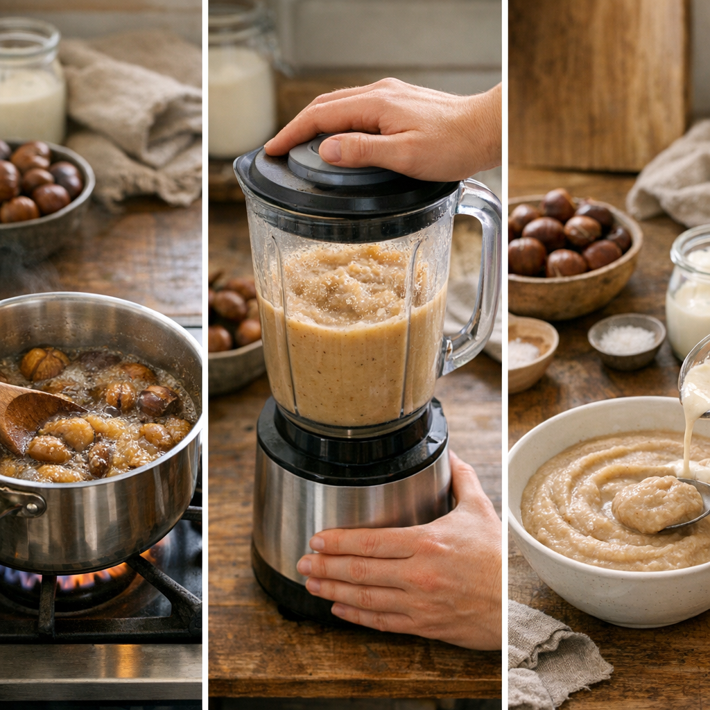 Étapes de la recette : cuire, mixer et ajuster la texture