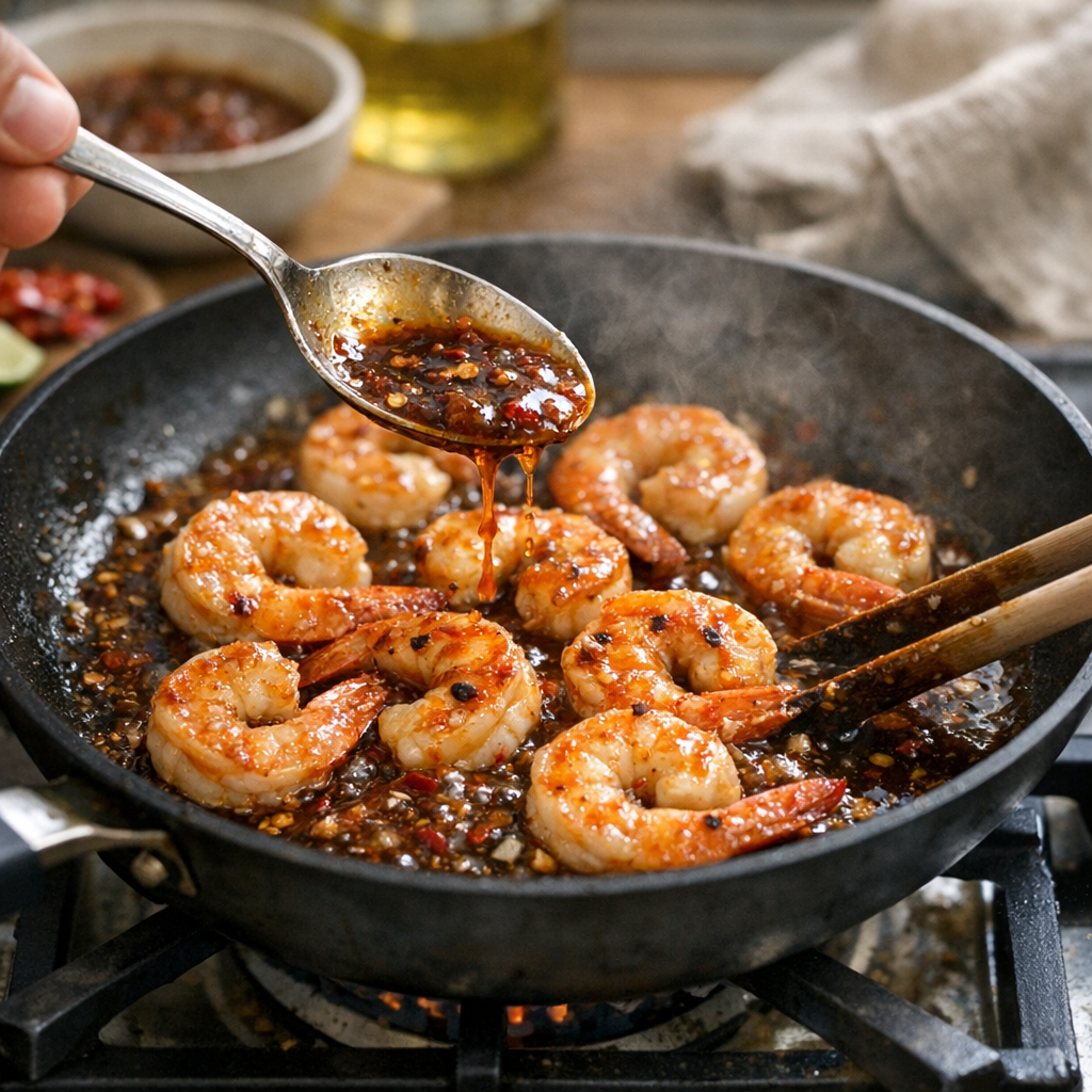 Préparation : cuire, sauter et napper les crevettes sans les durcir