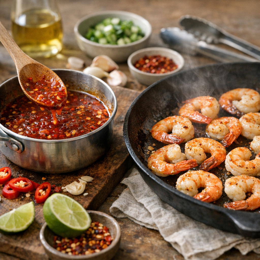 Étapes de préparation : une sauce vive, des crevettes juste saisies