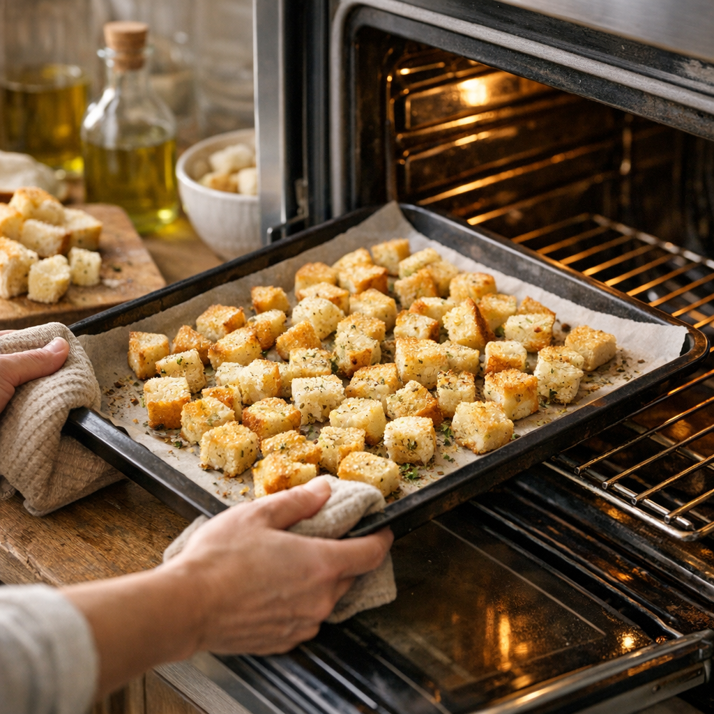 Préparation&nbsp;: faire griller des croûtons au four sans les dessécher