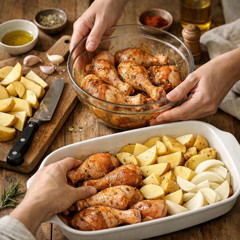 Préparation : marinade, découpe et disposition dans le plat