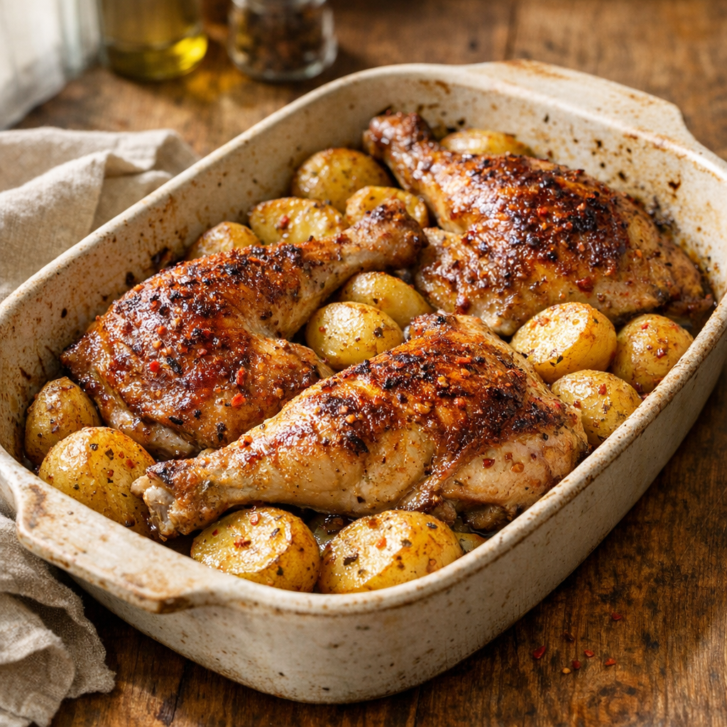 Les Cuisses de poulet au four avec pommes de terre dorent sans gras