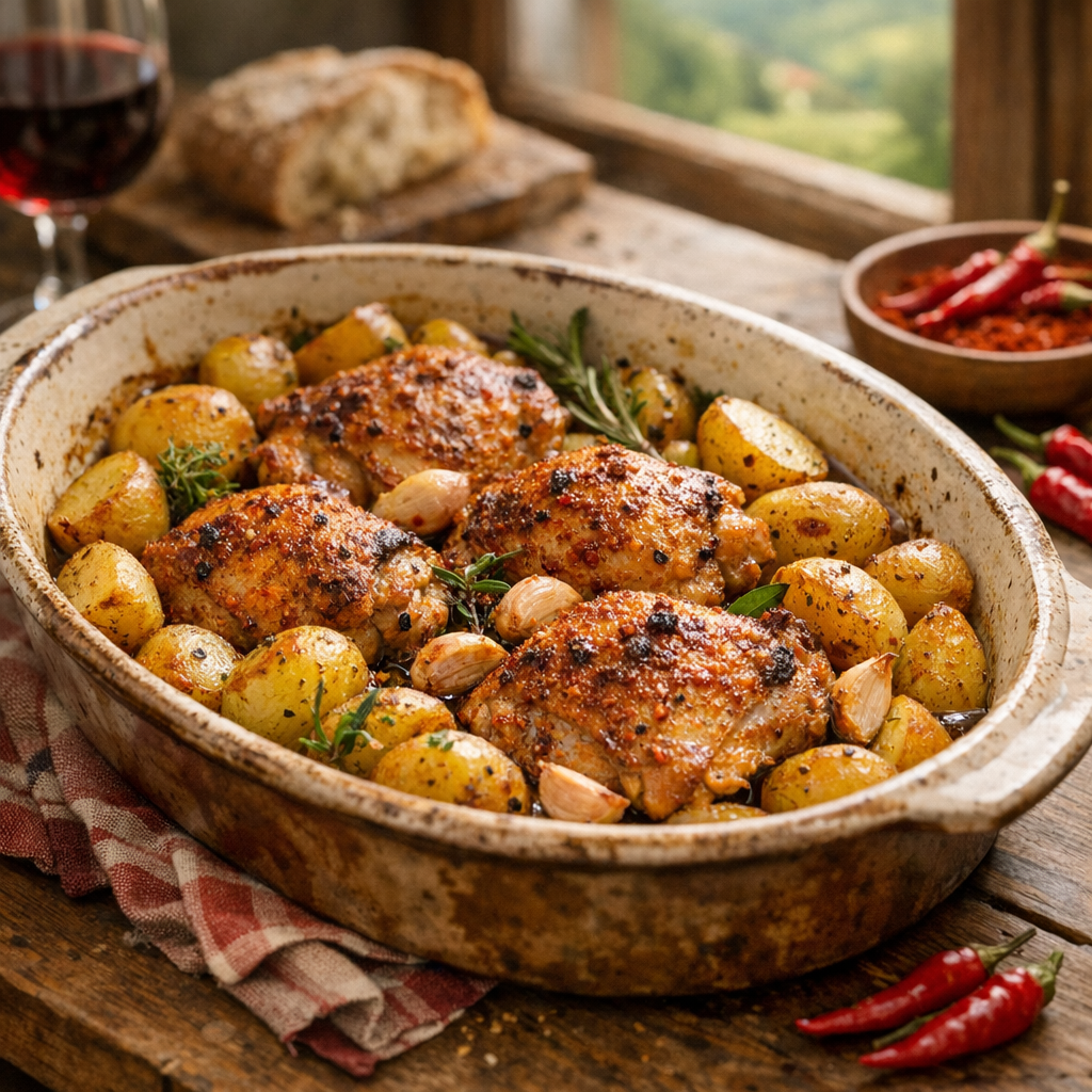 Les Cuisses de poulet au four avec pommes de terre cuisent à point