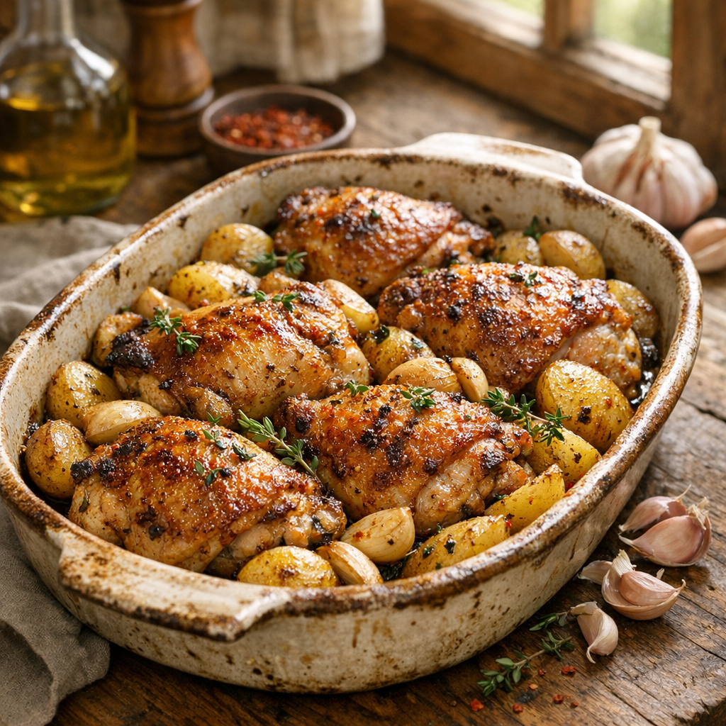 Les Cuisses de poulet aux pommes de terre au four restent juteuses