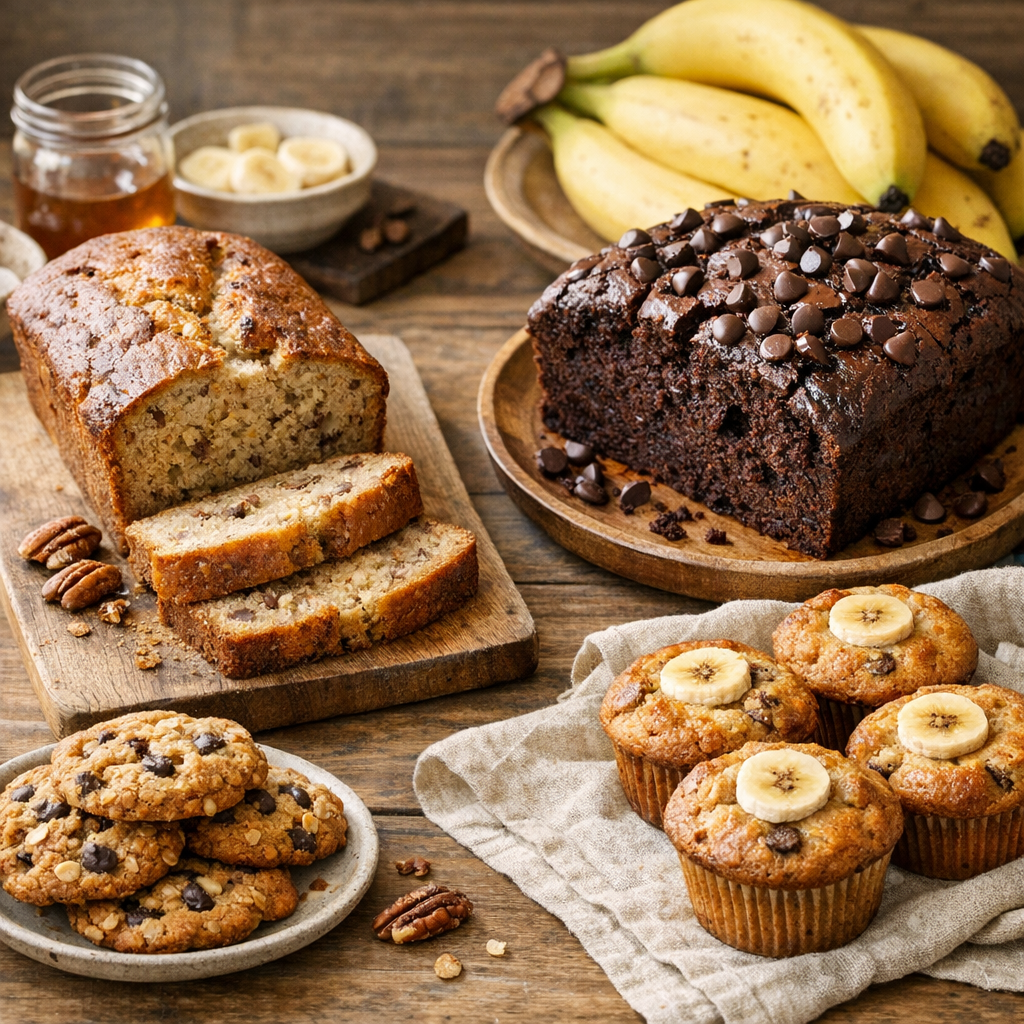 Gâteaux moelleux à la banane : banana bread, cake chocolat, muffins et cookies