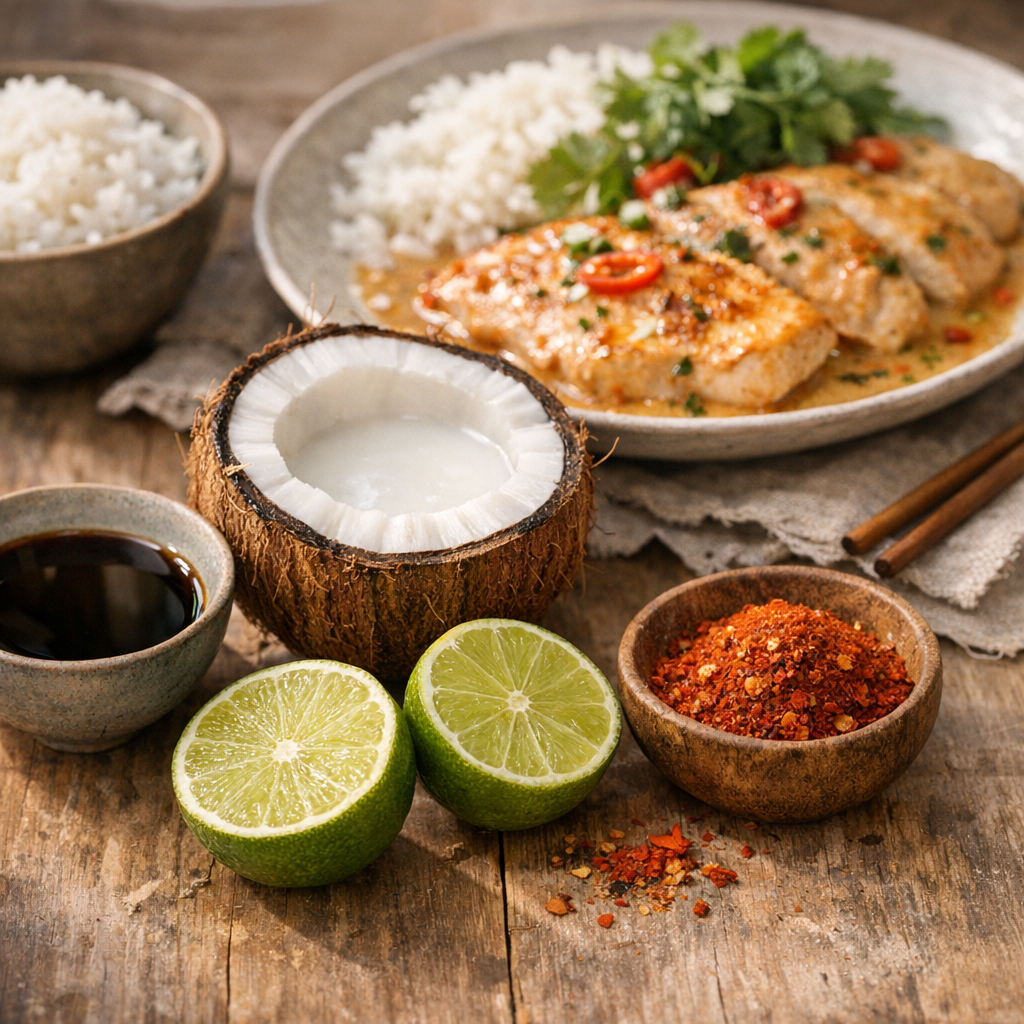 Assaisonnement thaï : soja, coco, citron vert et touche d’Espelette