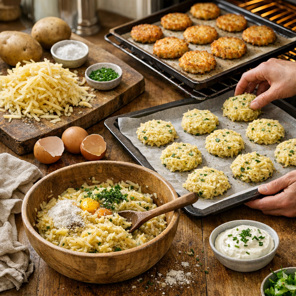 Étapes de préparation pour des galettes de pommes de terre au four croustillantes