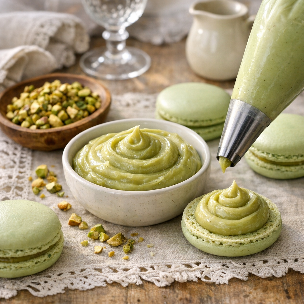 La Ganache pistache pour Macarons reste lisse et facile à pocher