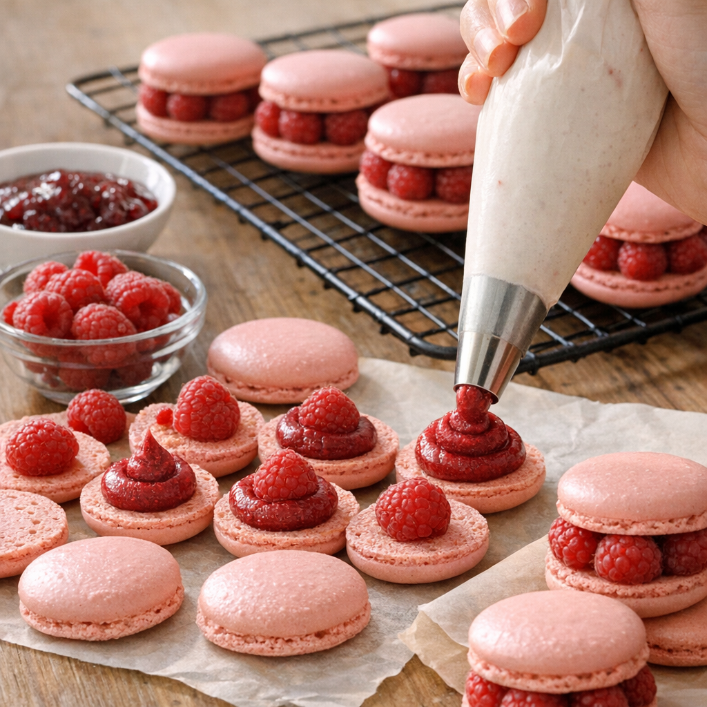 Garnir les macarons framboise&nbsp;: pochage, maturation et collerette