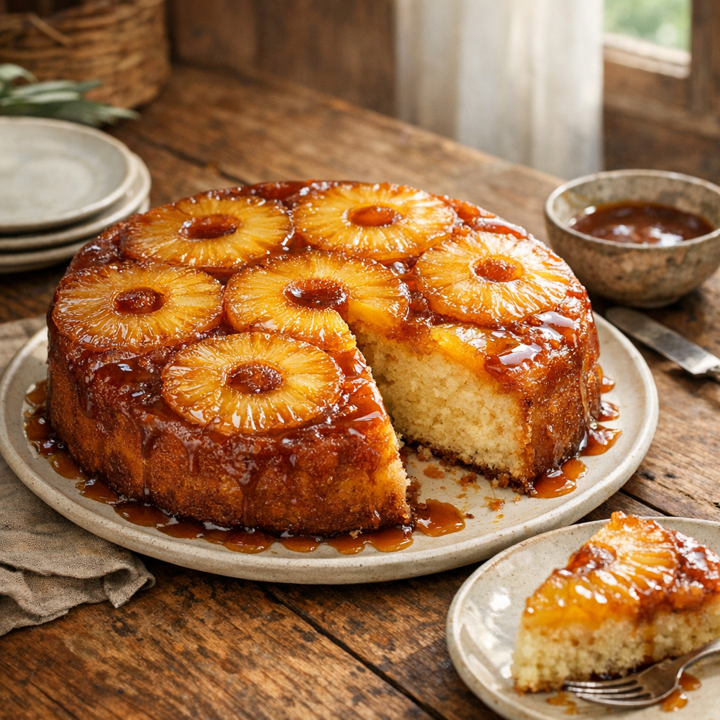 Le Gâteau à l’ananas et au caramel se réussit renversé