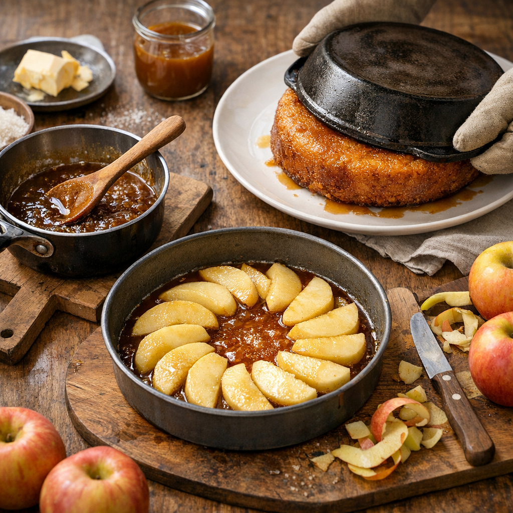 Préparation : le caramel, les pommes et la cuisson à l’envers