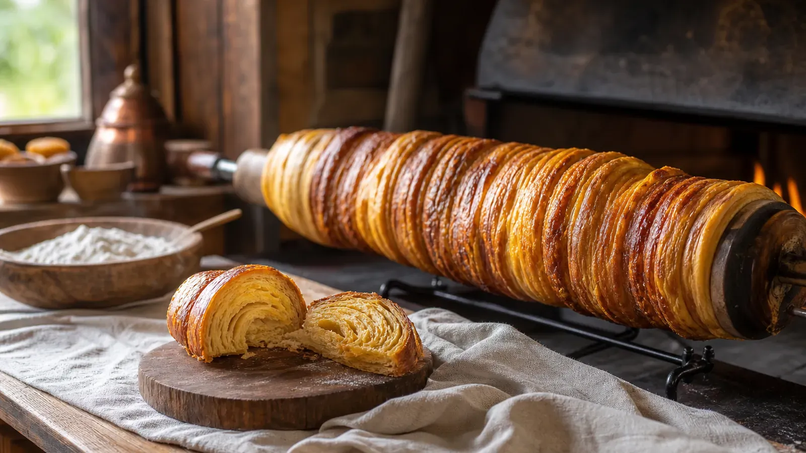 Le gâteau à la broche se cuit lentement en fines couches dorées