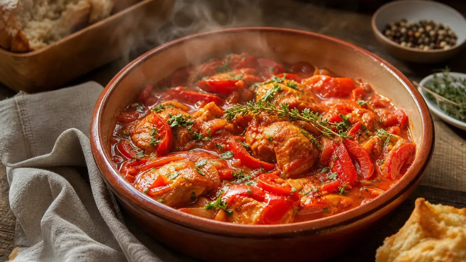 Le poulet basquaise mijoté garde une sauce parfumée au piment