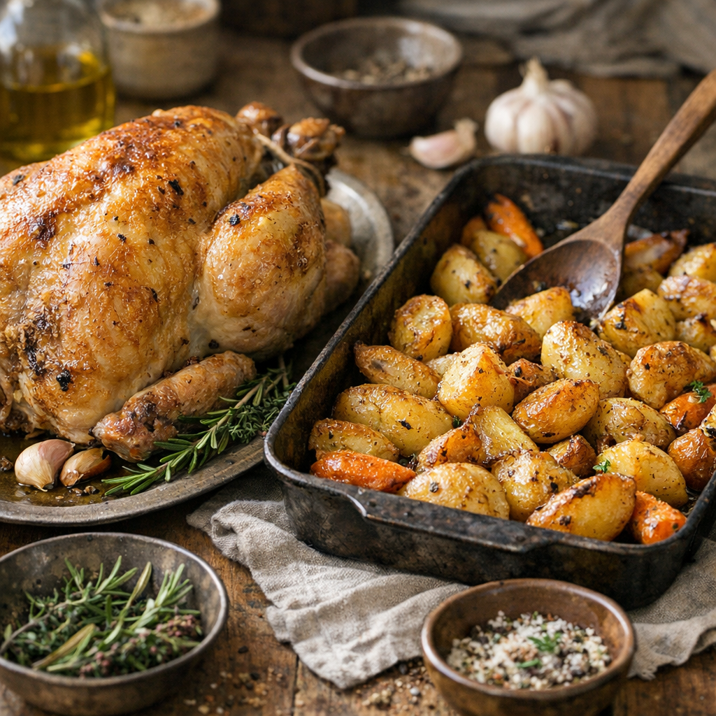 Chapon et pommes de terre au four&nbsp;: étapes pour des légumes rôtis fondants