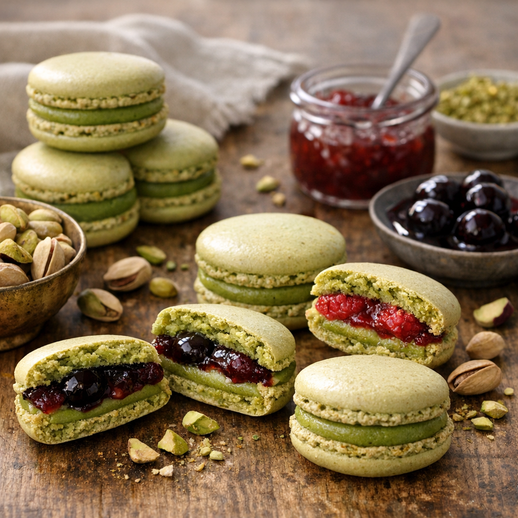 Ganache pistache : chocolat blanc, sans chocolat blanc, Amarena ou framboise