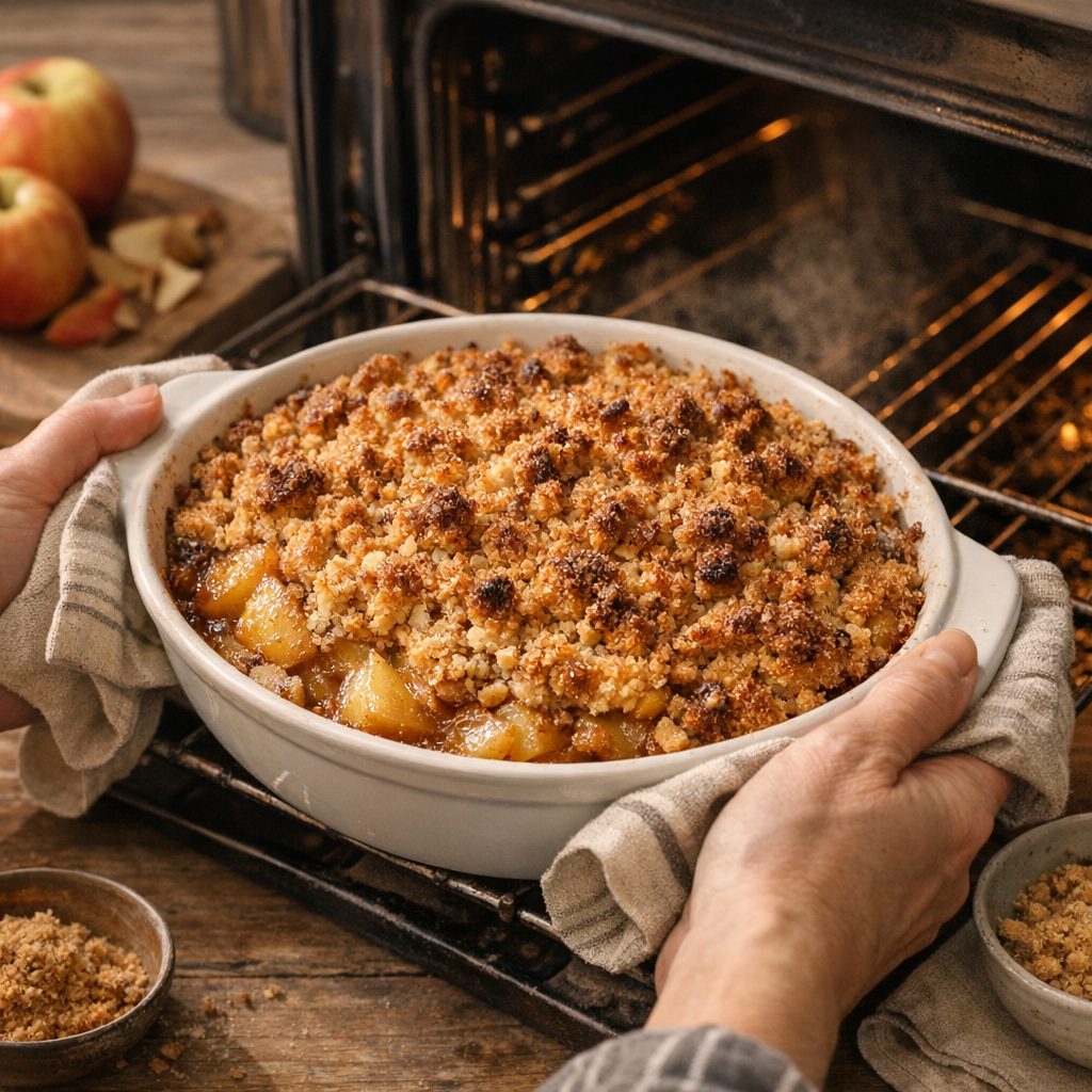 Cuisson de la pâte à crumble : pommes fondantes, dessus croustillant
