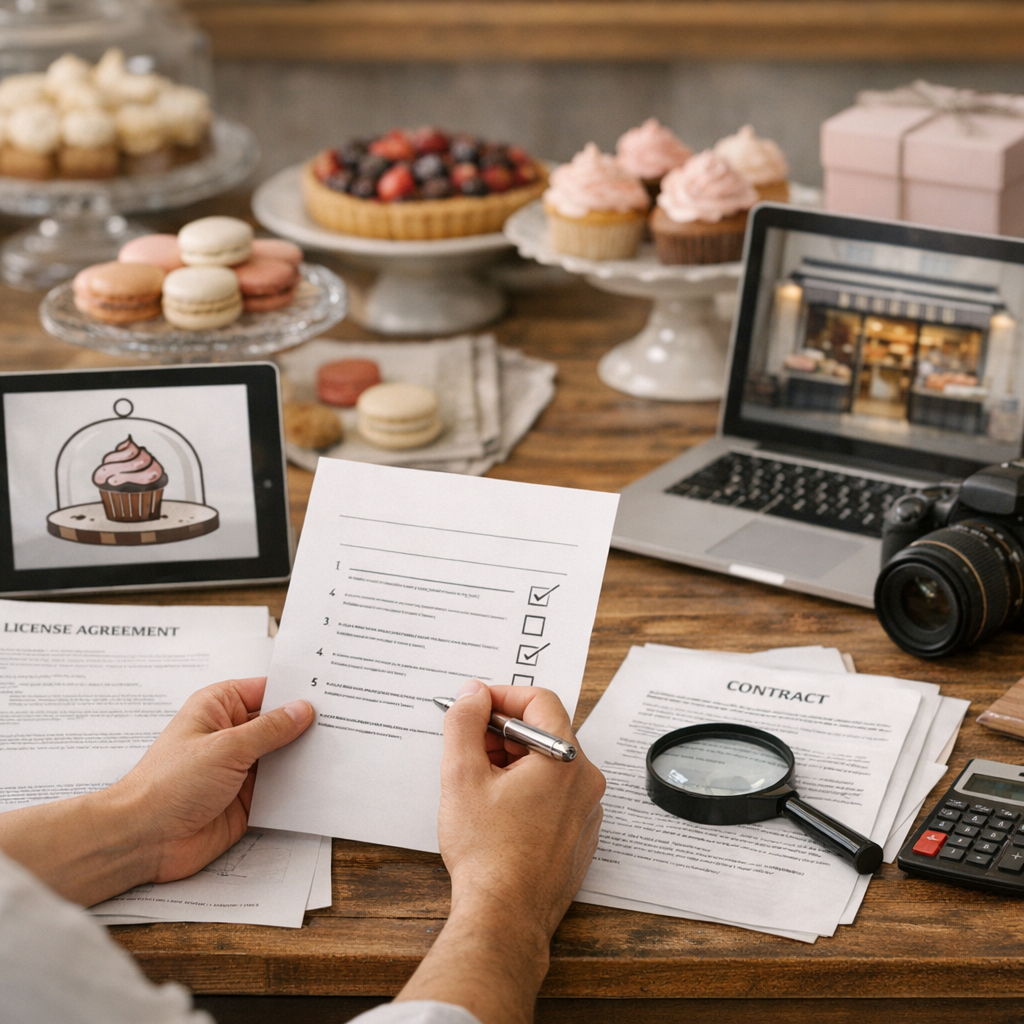 Licence, logo pâtisserie et usage commercial : la vérification en 5 étapes