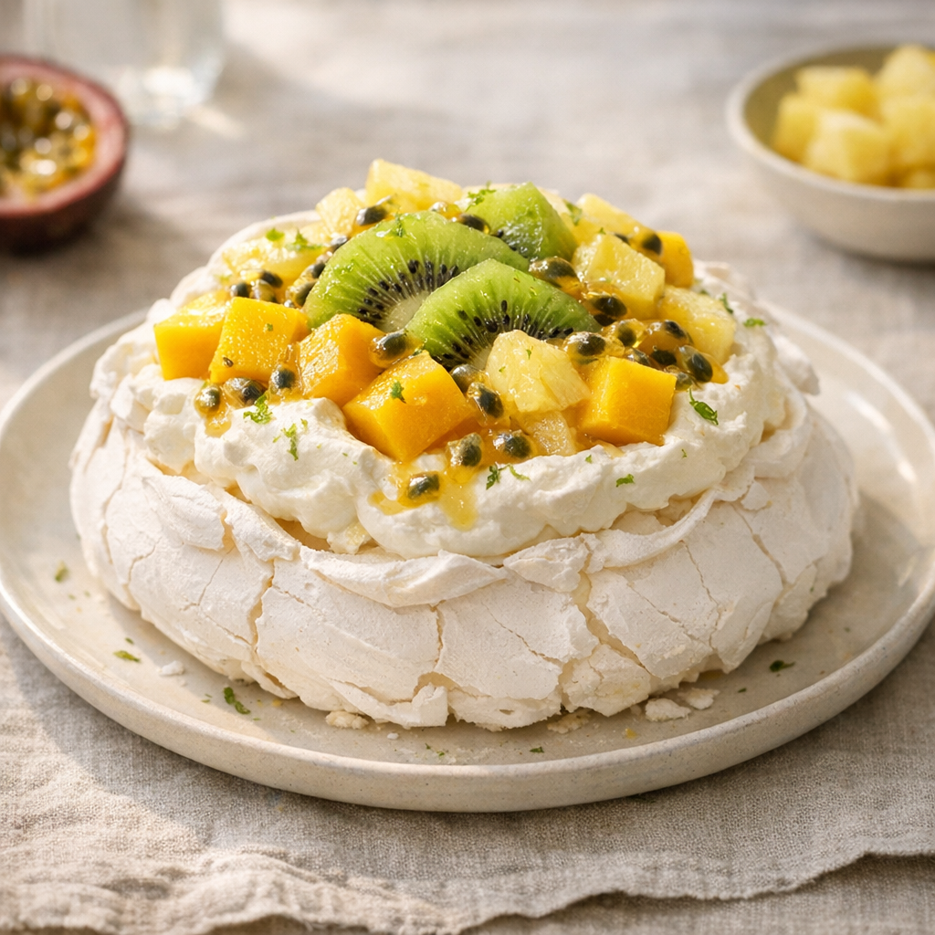 Une Pavlova aux fruits exotiques se prépare sans stress