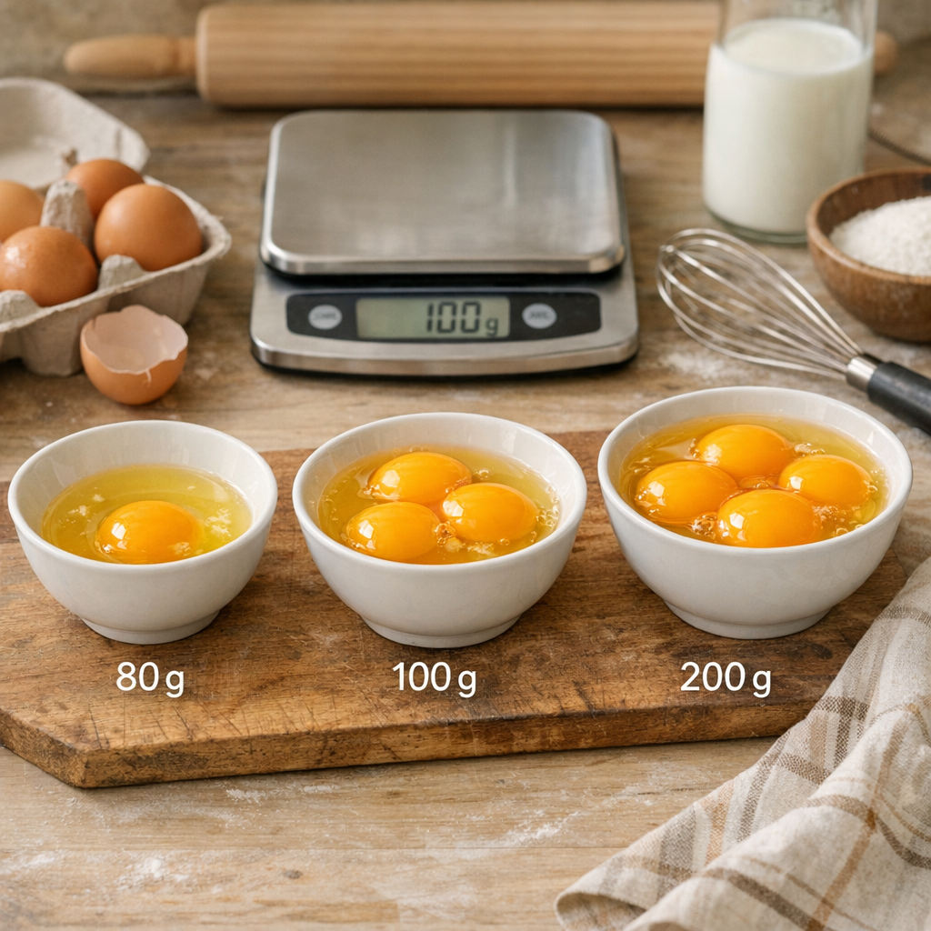 Œufs en pâtisserie, dans la pratique : convertir 80 g, 100 g ou 200 g
