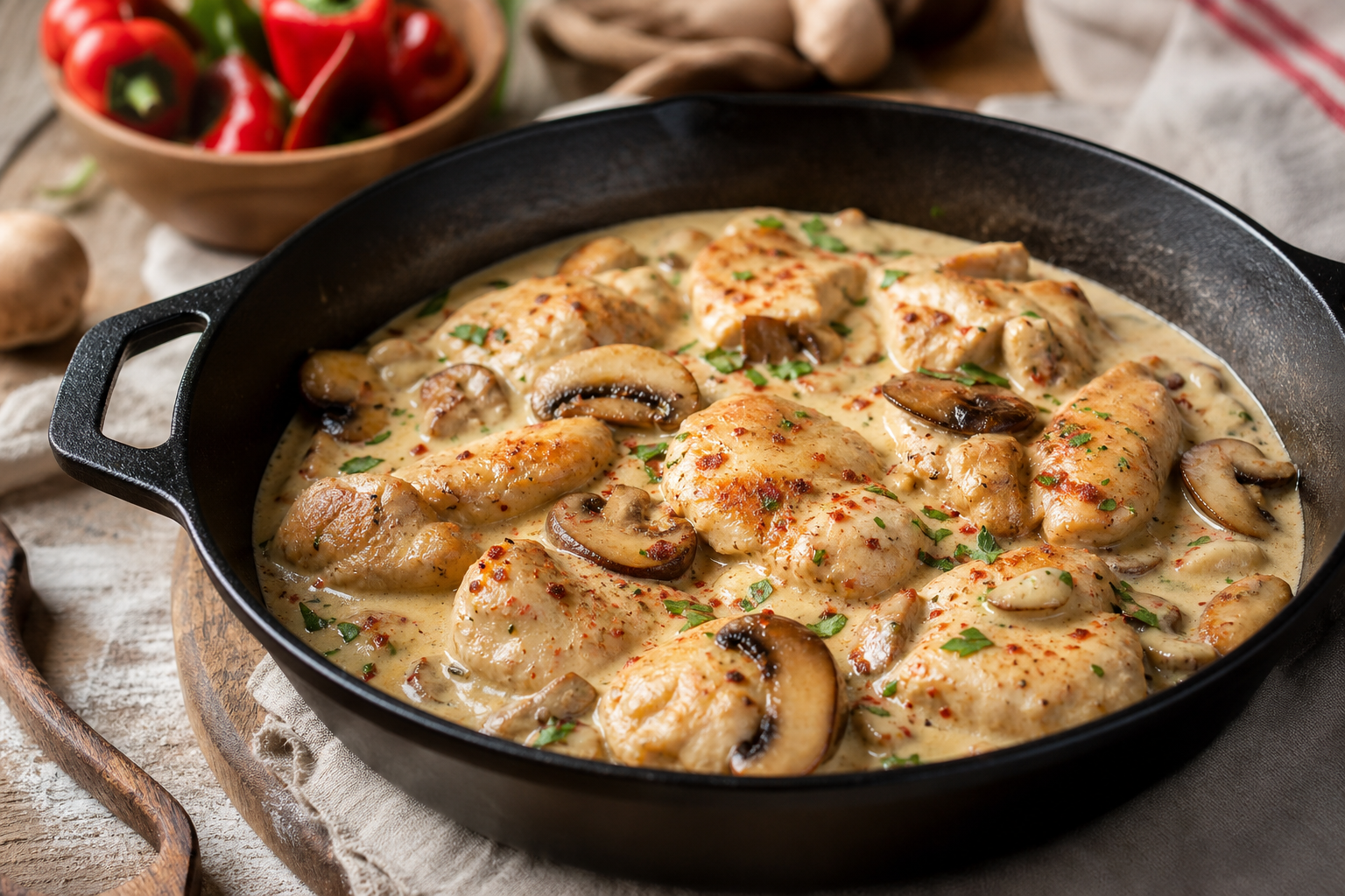 Le poulet à la crème aux champignons reste facile et onctueux