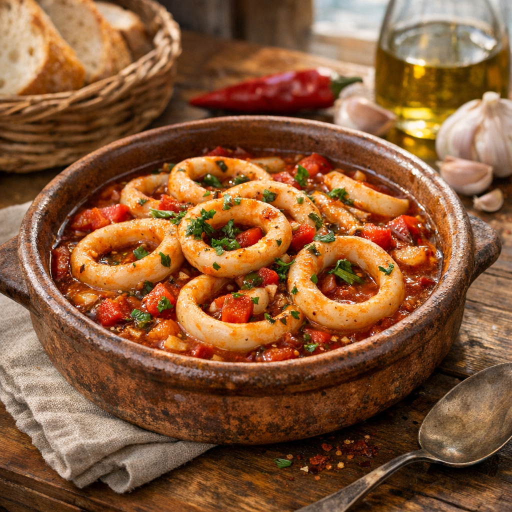 Cette Recette d’Anneaux d’encornet à la tomate les garde tendres