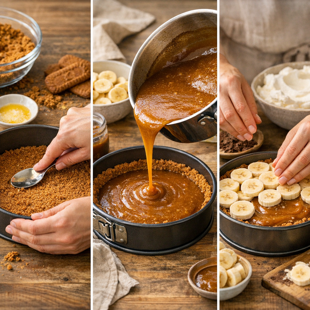 Préparation pas à pas : base au spéculoos, toffee et montage