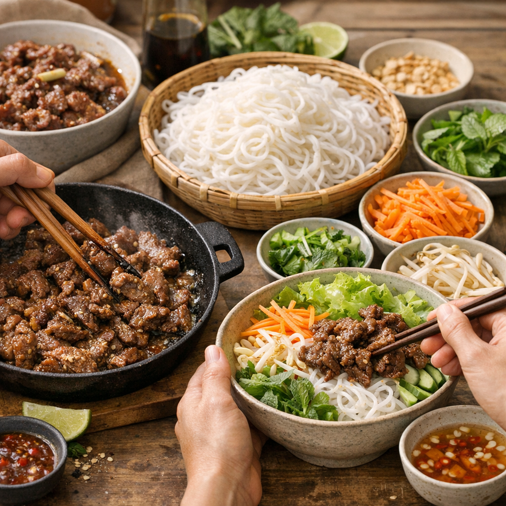 Préparation du bò bún : bœuf mariné, vermicelles et assemblage