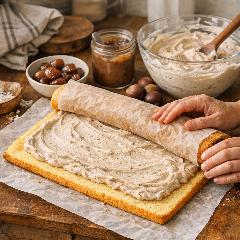 Préparation : génoise souple, crème marrons-mascarpone et roulage