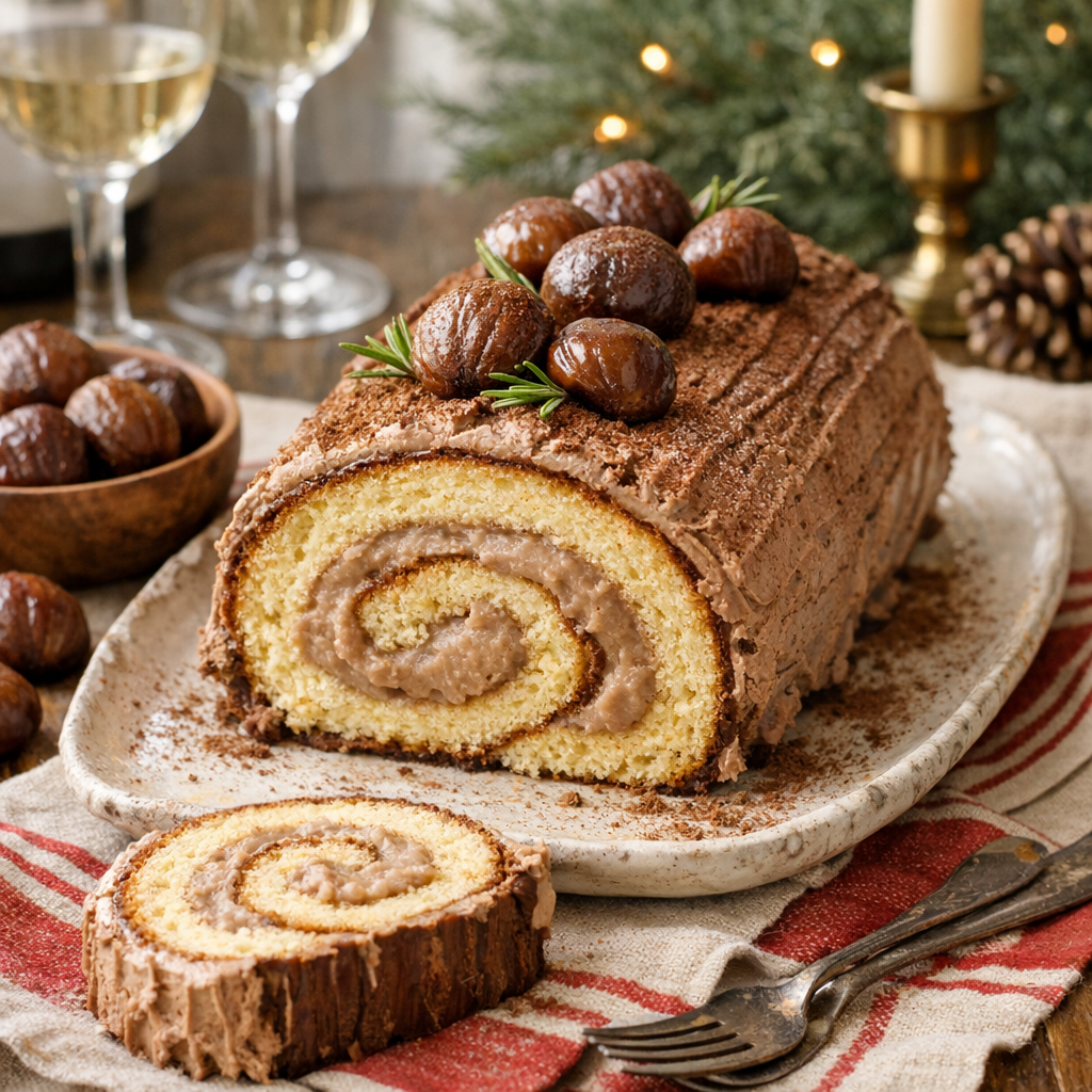 Cette Recette de Bûche aux marrons reste souple et légère