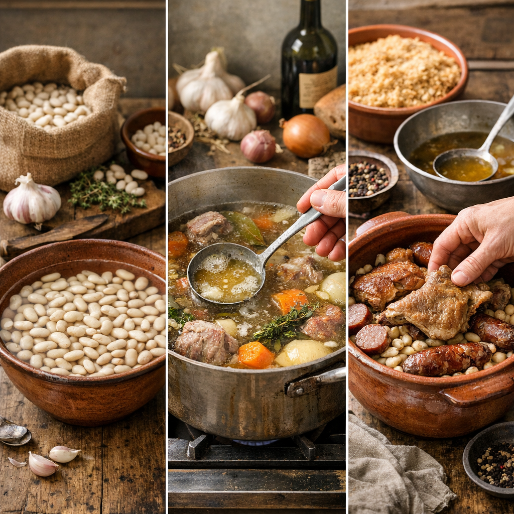 Préparation du cassoulet&nbsp;: trempage, bouillon, montage en cassole