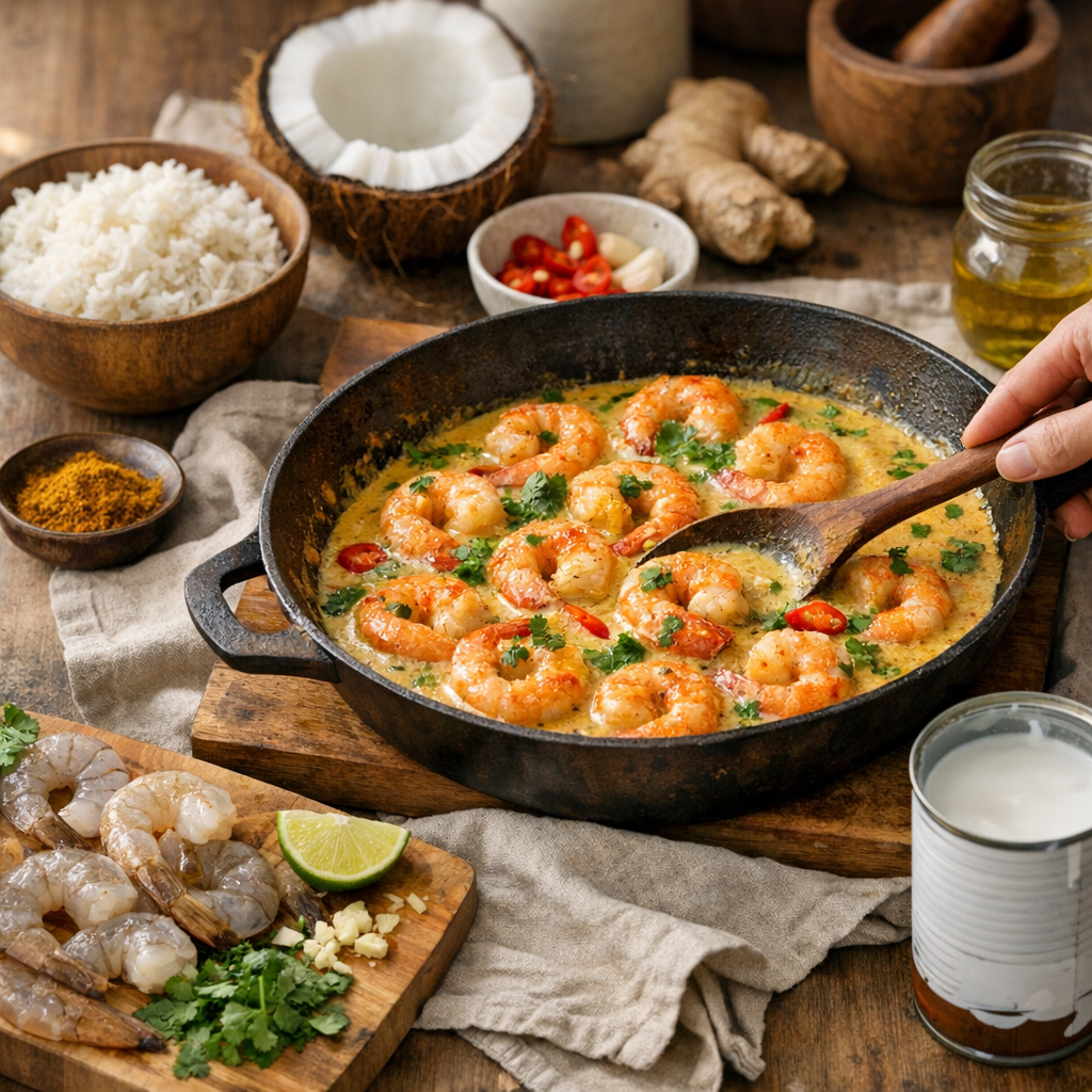 Préparation des crevettes au curry et lait de coco
