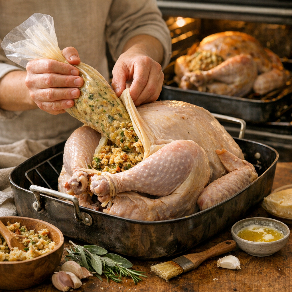 Farcir la dinde sans la dessécher&nbsp;: poche, peau et cuisson au four