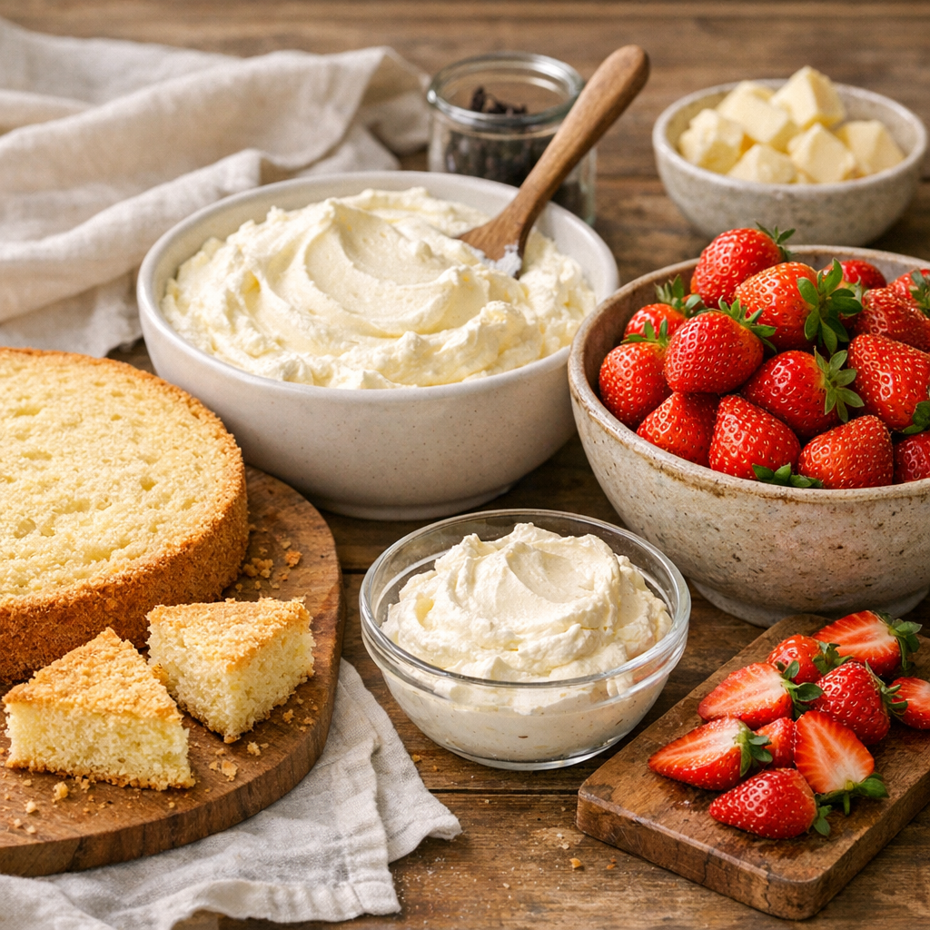 Les ingrédients&nbsp;: génoise, fraises et crème diplomate légère
