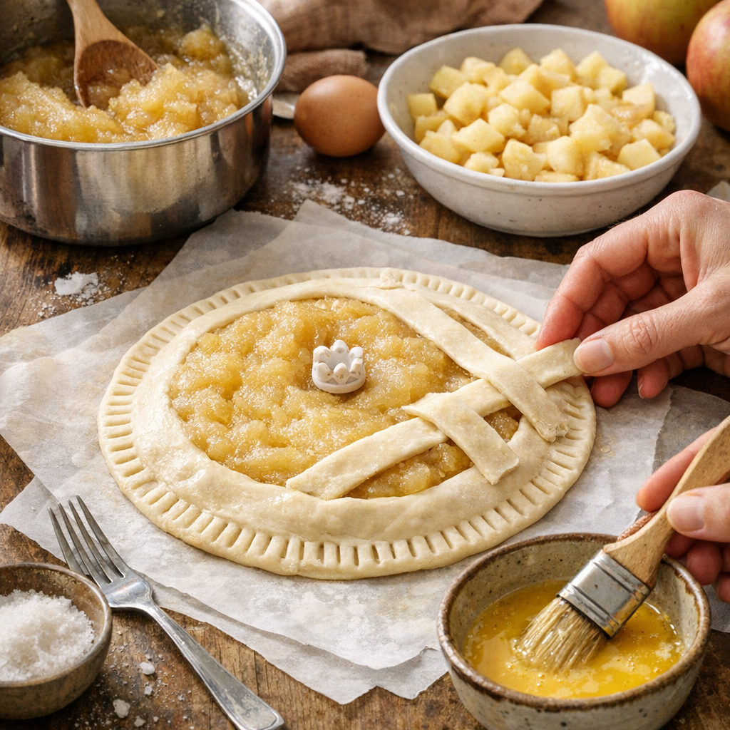 Préparation : compote, montage, fève et dorure