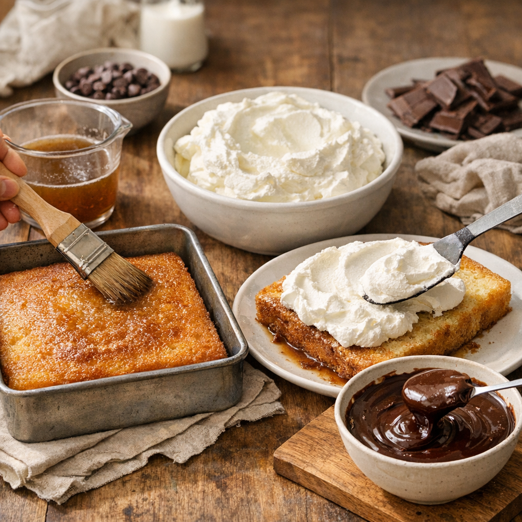 Préparation : génoise, imbibage, chantilly et ganache