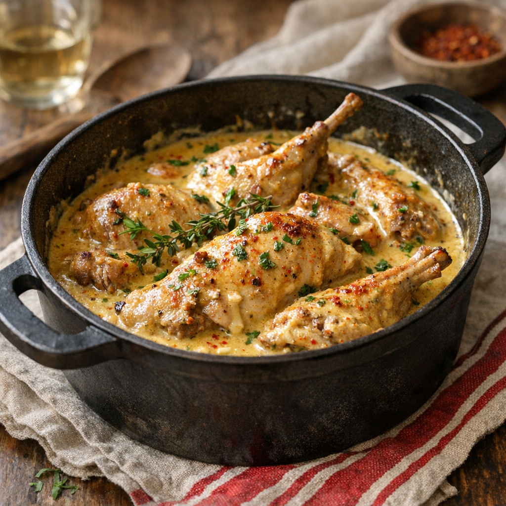 La Recette de Lapin à la moutarde facile se réussit en cocotte