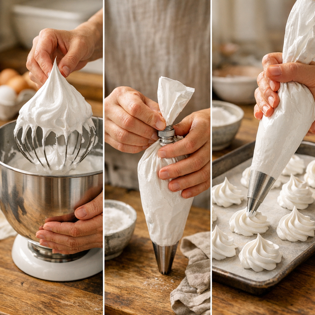 Étapes du tuto&nbsp;: monter, serrer et pocher les meringues