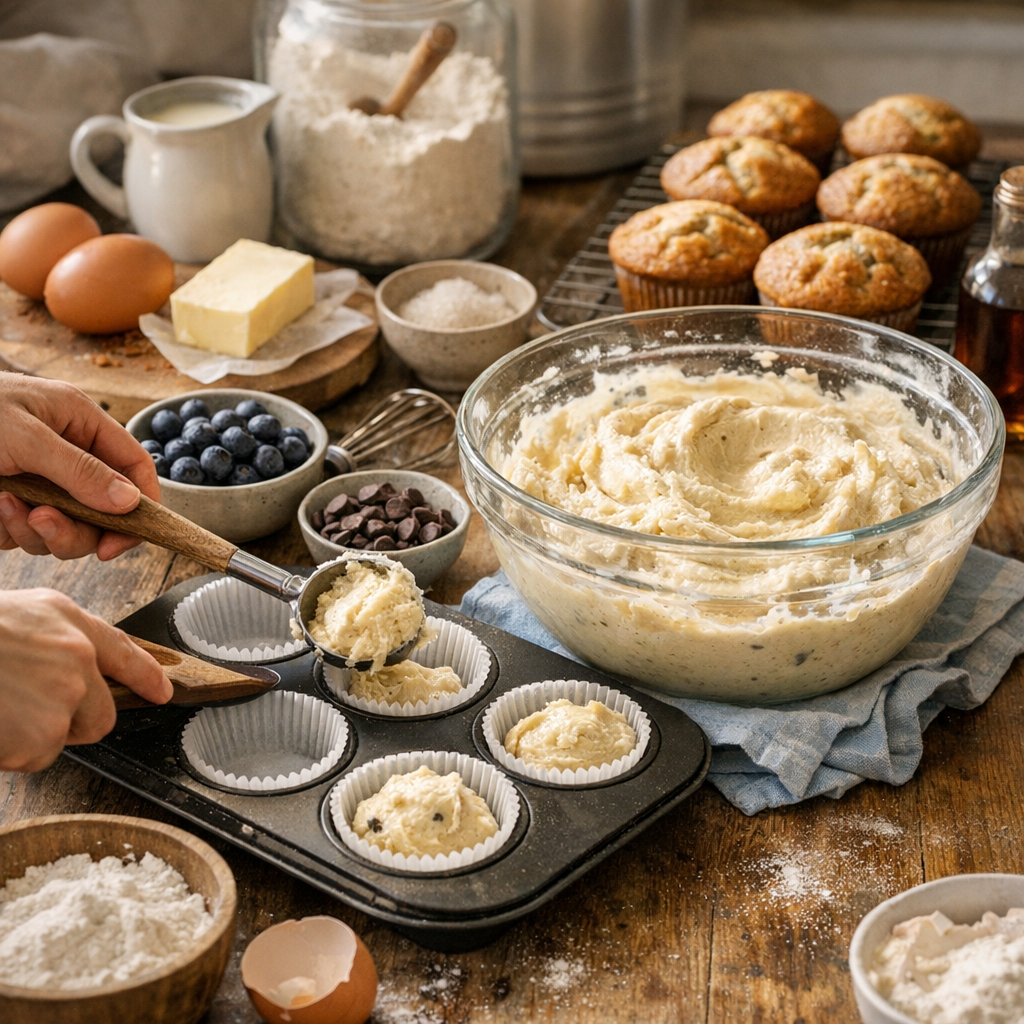 Préparation&nbsp;: les étapes pour des muffins gonflés et moelleux