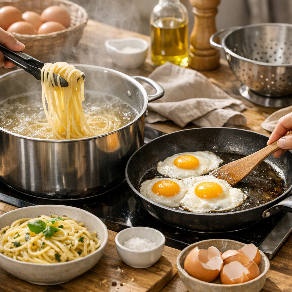 Préparation&nbsp;: réussir la cuisson des pâtes et des œufs sans les dessécher