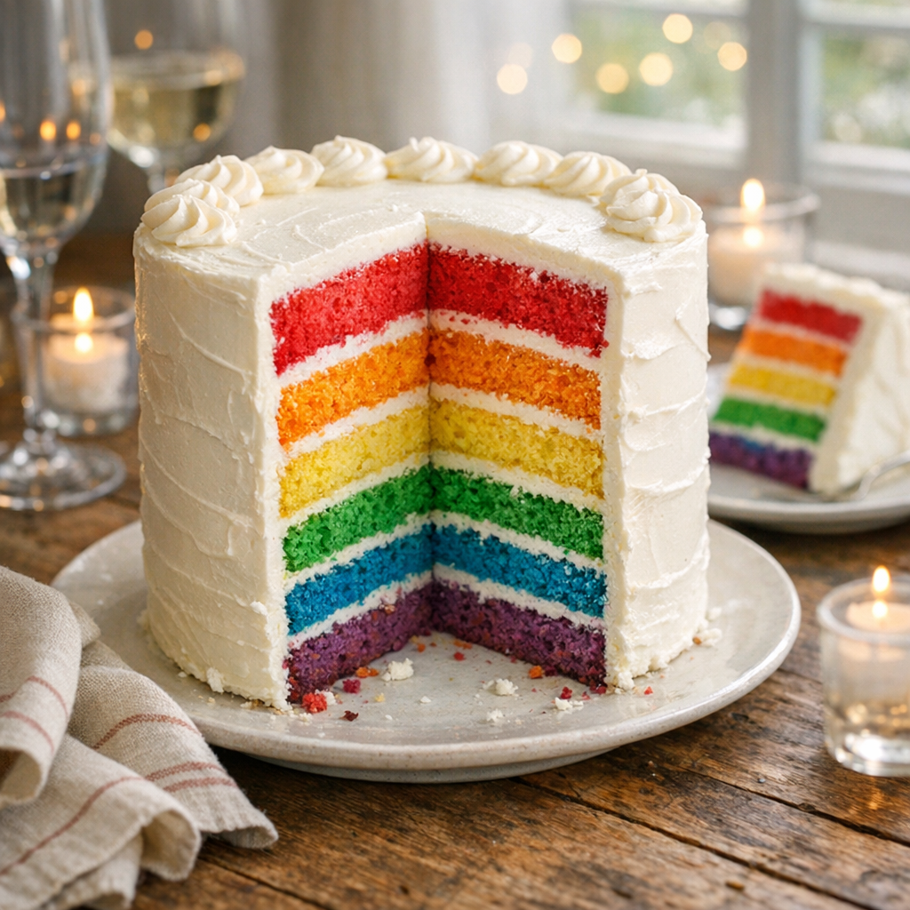 Cette Recette de Rainbow Cake donne un gâteau arc-en-ciel facile
