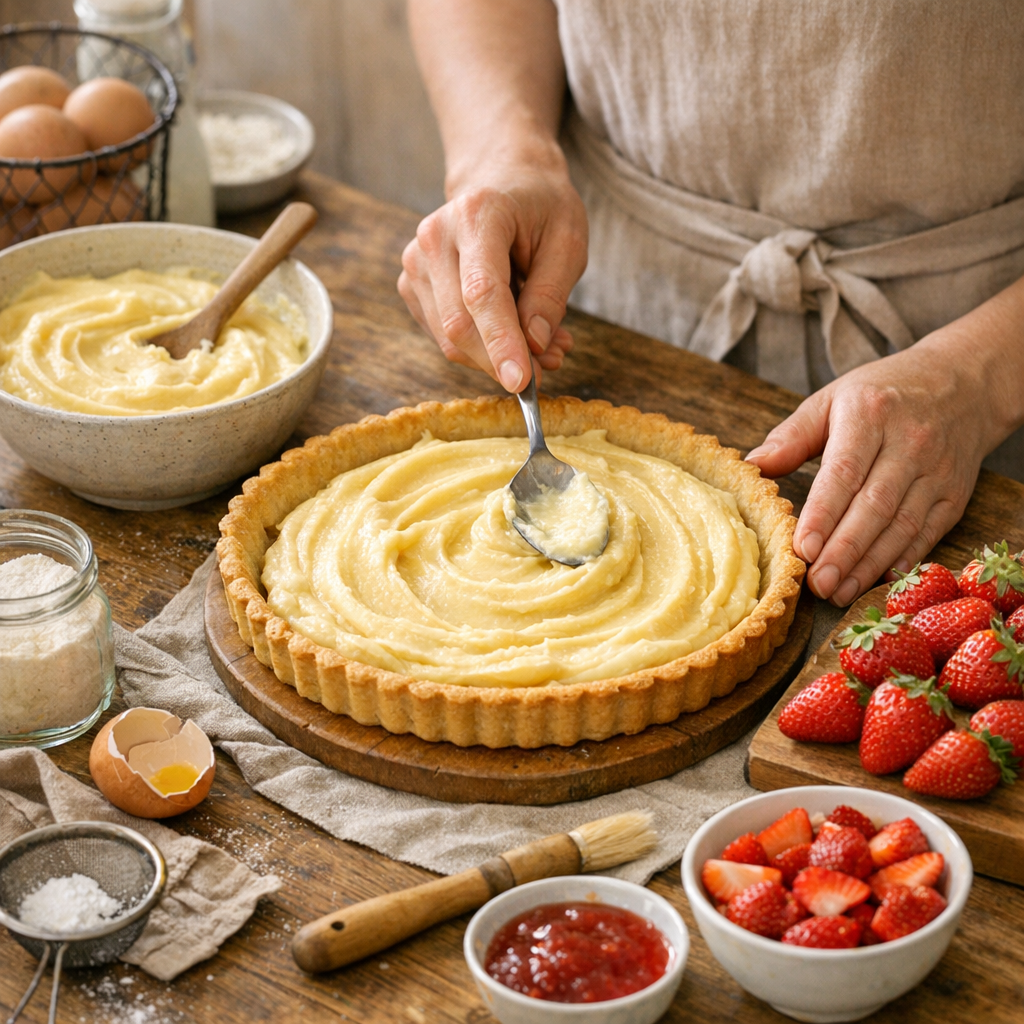 Préparation de la tarte aux fraises avec crème pâtissière