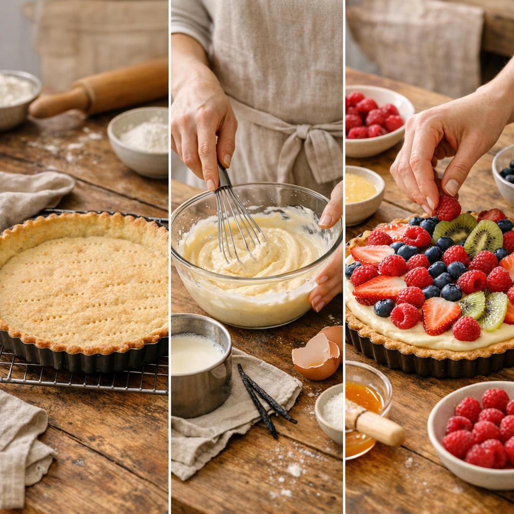 Étapes de la recette&nbsp;: cuire le fond, préparer la crème, monter les fruits