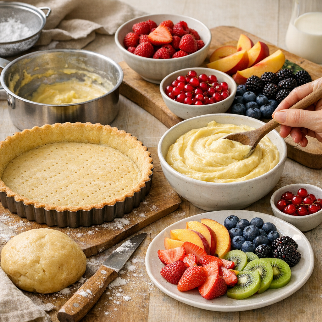 Préparation pas à pas&nbsp;: pâte sucrée, crème pâtissière et fruits frais