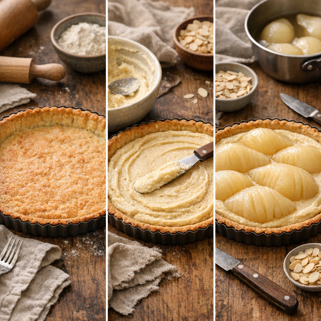 Étapes de la recette&nbsp;: pâte croustillante, crème d’amande, poires fondantes