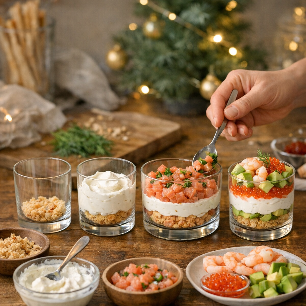 Préparation en verrines : l’ordre de montage pour un apéro de Noël net et gourmand
